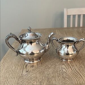 Vintage Silver plate Tea pot and sugar bowl with engraved floral design